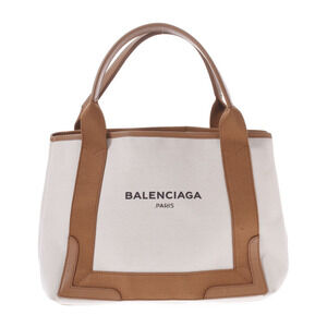 BALENCIAGA Navy Blue Cabas White Brown Canvas Leather Handbag